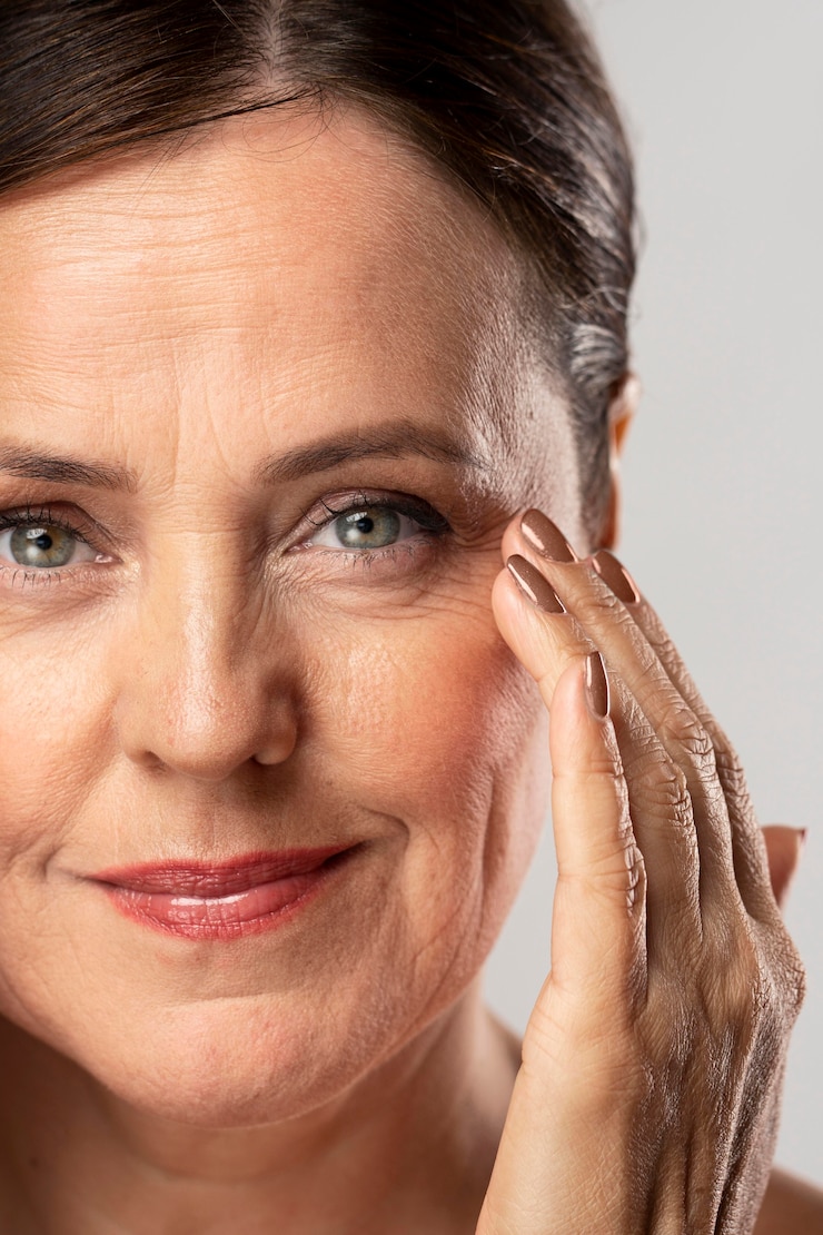 Foto gratuito mujer madura con maquillaje posando con las manos en la cara