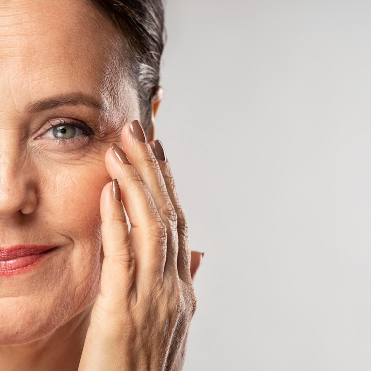 Foto gratuito mujer madura sonriente con maquillaje posando con la mano en la cara