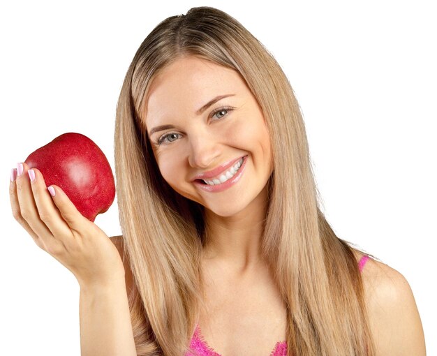 Mujer y manzana roja aislada sobre backgoround blanco