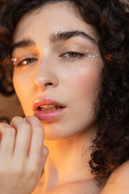 Mujer con maquillaje de perlas