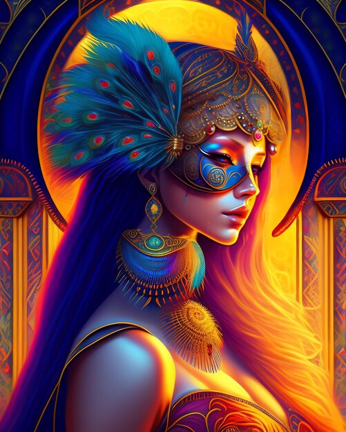 Una mujer con una máscara en la cara se muestra en una pintura colorida.