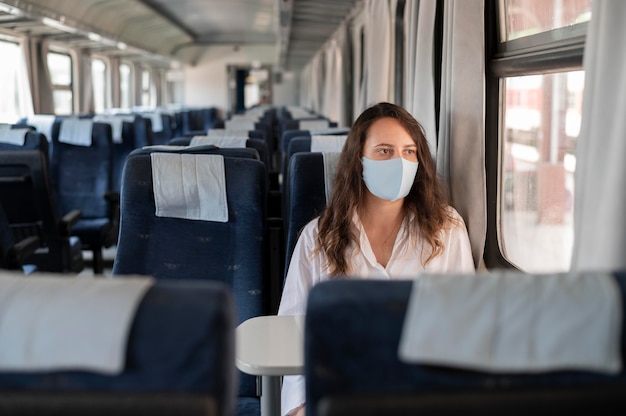 Mujer con máscara médica viajando en tren durante la pandemia