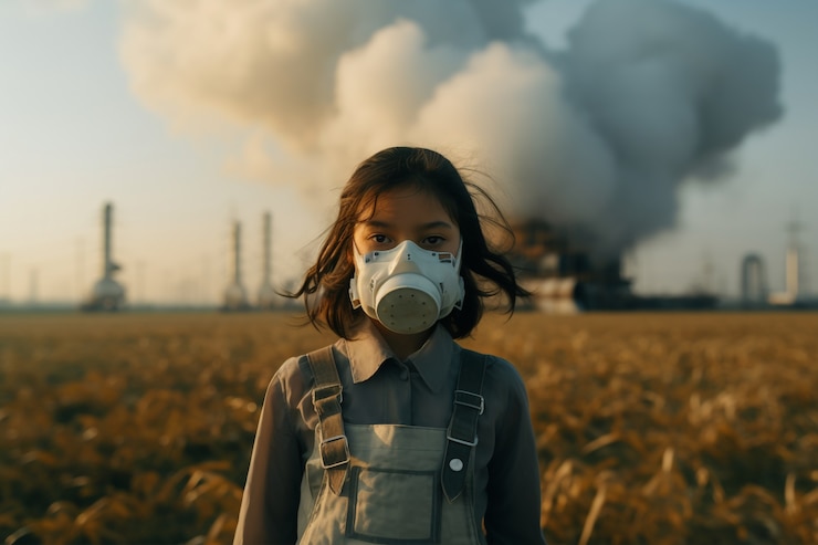 Foto gratuito mujer con mascarilla contra la contaminación de co2