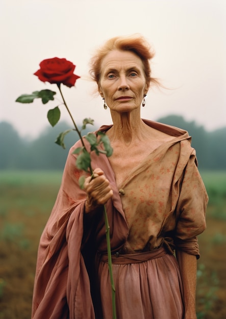 Mujer mayor de plano medio posando con rosa