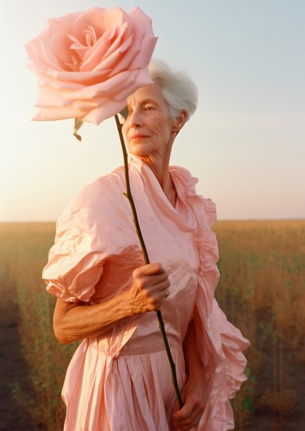 Mujer mayor de plano medio posando con rosa