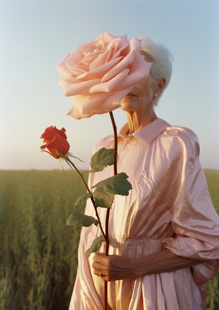 Mujer mayor de plano medio posando con rosa