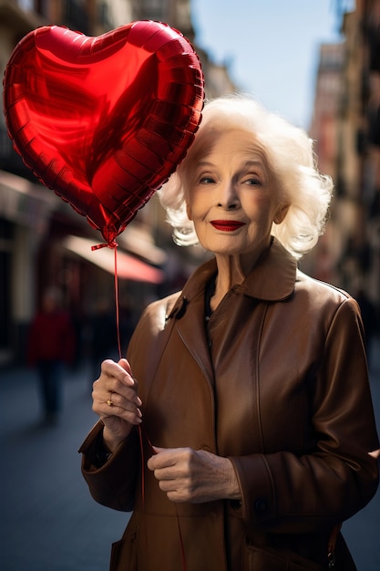 Mujer mayor sosteniendo un globo de corazón rojo
