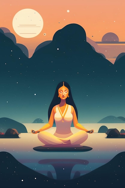 Foto gratuita una mujer meditando frente a un paisaje iluminado por la luna