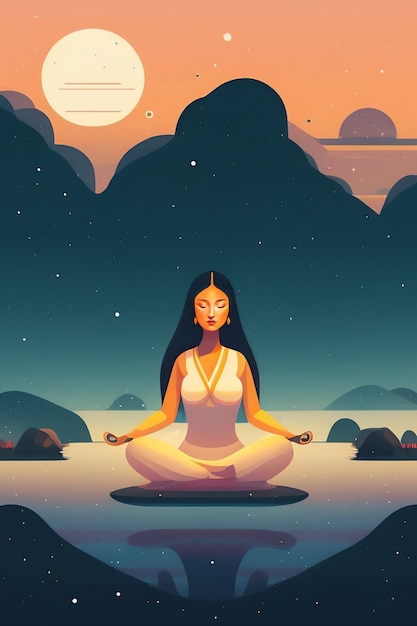 Una mujer meditando frente a un paisaje iluminado por la luna