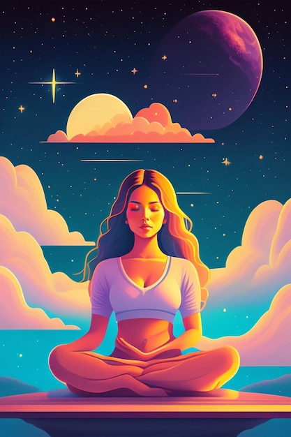 Una mujer meditando en las nubes con la luna detrás de ella.