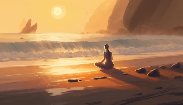 Una mujer meditando en una playa con la puesta de sol detrás de ella.