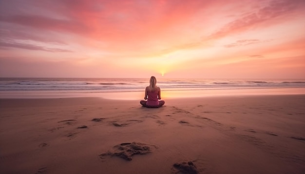 Foto gratuita una mujer meditando en una playa tranquila al atardecer generada por ia