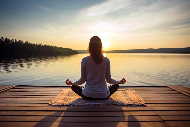 Foto gratuita mujer meditativa en un pontón imagen generada por ia