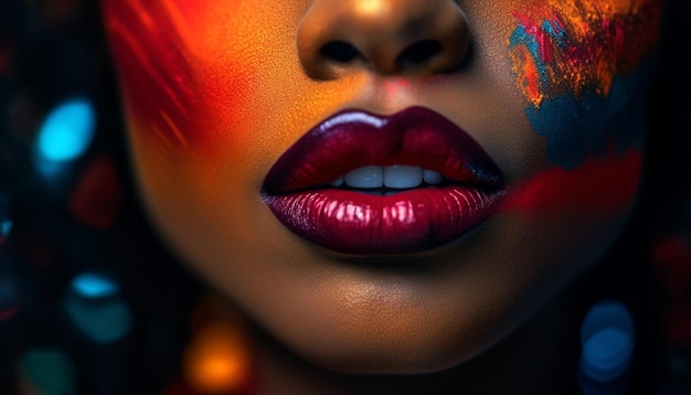 Una mujer mirando a la cámara con vibrantes labios multicolores generados por IA