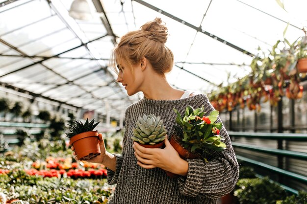 mujer con moño en la cabeza mira las plantas en la tienda y sostiene pequeñas macetas con cactus, suculentas y arbustos con flores naranjas.