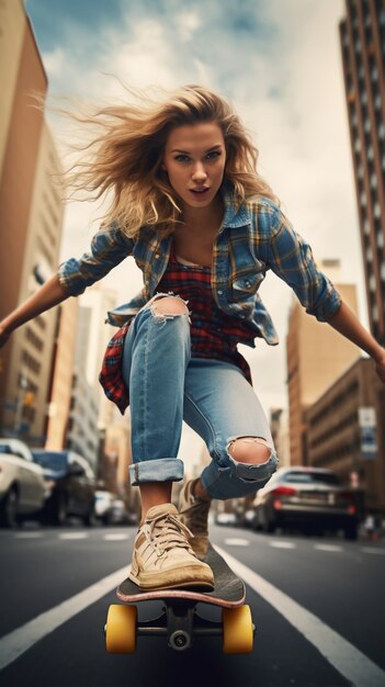 Mujer montando su scooter en la ciudad de nueva york