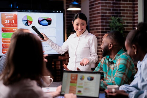 Mujer de negocios asiática feliz con el volumen de negocios de la empresa nueva sonriendo a los compañeros de trabajo en una reunión nocturna en la oficina. Empleado con control remoto que presenta buenos resultados de ventas comerciales a un equipo diverso.