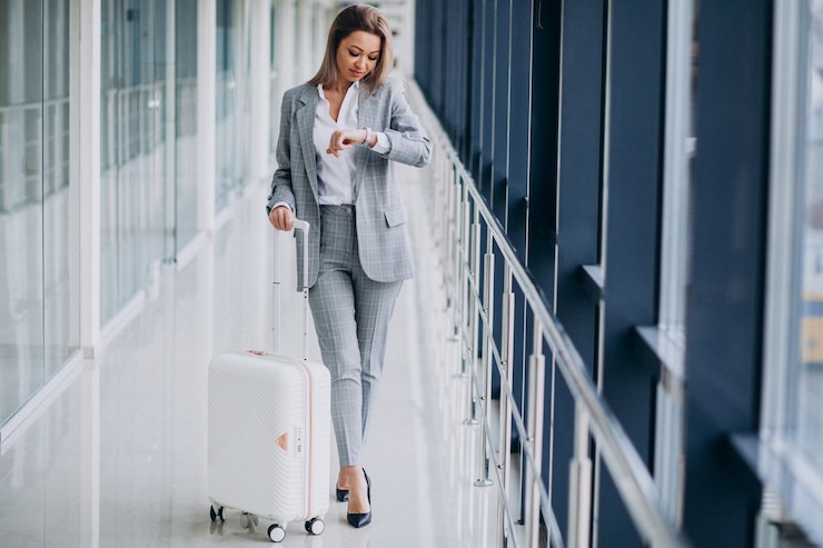 Foto gratuito mujer de negocios con bolsa de viaje en el aeropuerto esperando un vuelo