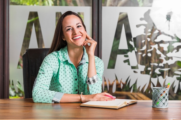 Mujer de negocios hermosa que mira la cámara