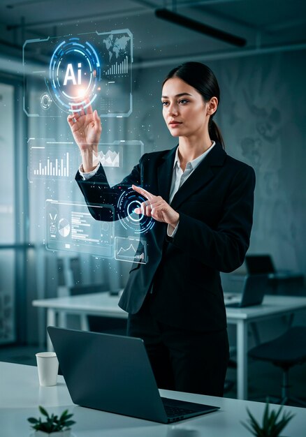 Mujer de negocios interactuando con un holograma en la oficina