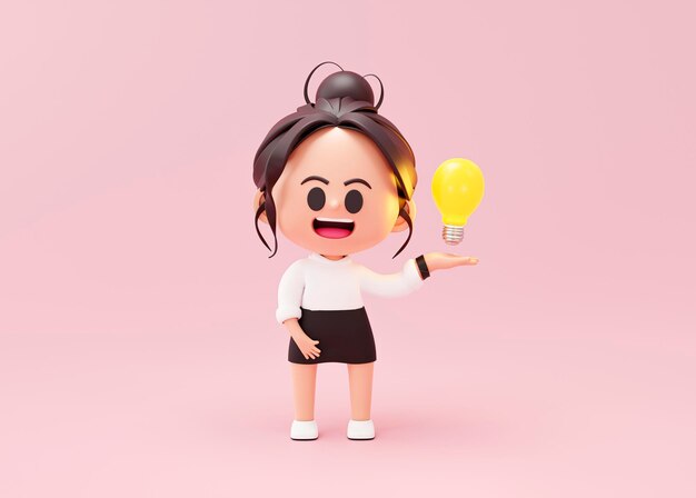 Mujer de negocios linda idea pensando presente en fondo rosa renderizado en 3D