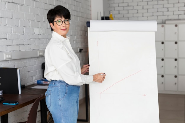 Mujer de negocios de pelo corto mostrando un rotafolio