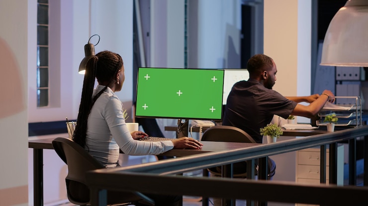 Foto gratuito mujer de negocios que trabaja con pantalla verde en el monitor de la computadora, tarde en la noche. análisis de fondo de clave de croma aislado con plantilla de maqueta en blanco y pantalla de espacio de copia en la oficina moderna.