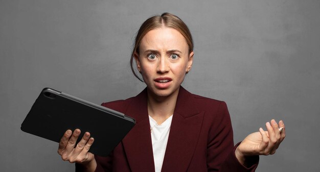 mujer de negocios rubia con una computadora portátil