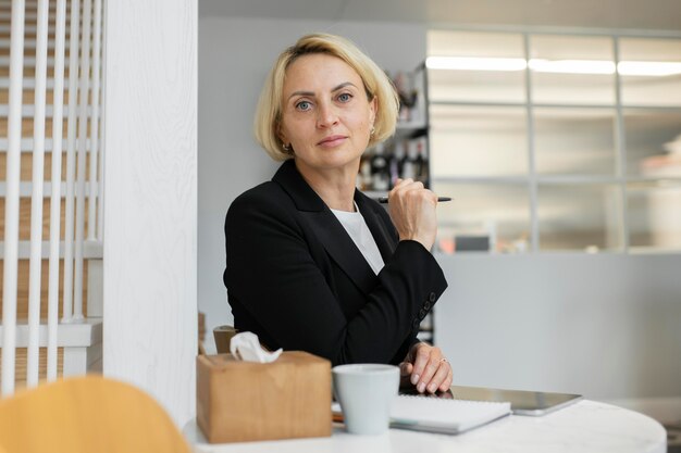 Mujer de negocios rubia en el trabajo