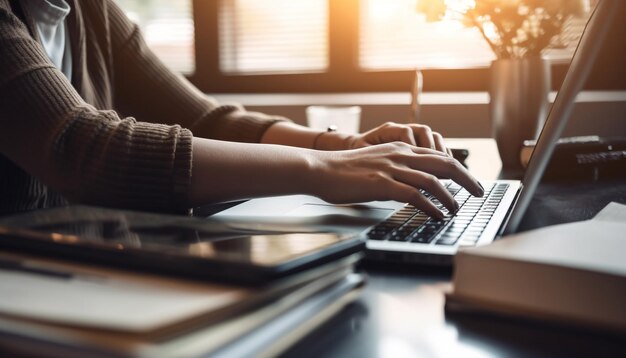 Una mujer de negocios sentada en un escritorio usando una computadora portátil generada por IA