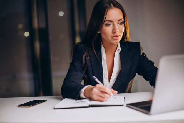 Mujer de negocios trabajando hasta tarde en la noche en la computadora en la oficina