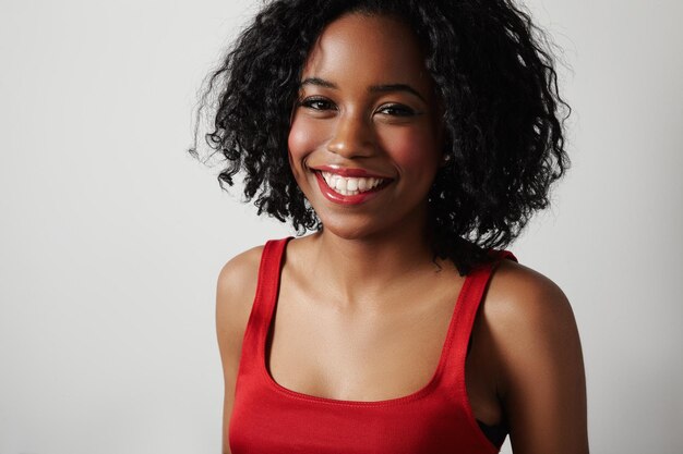 Mujer negra con vestido rojo con labios rojos brillantes y cabello rizado