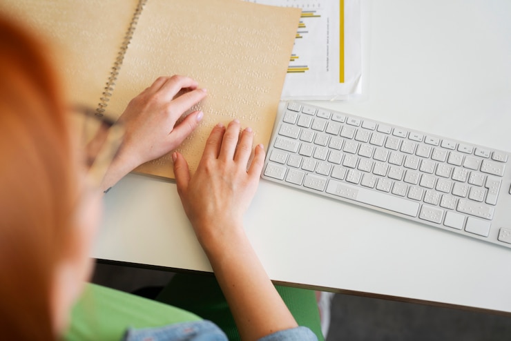 Foto gratuito mujer ostentosa leyendo braille en un trabajo de oficina inclusivo