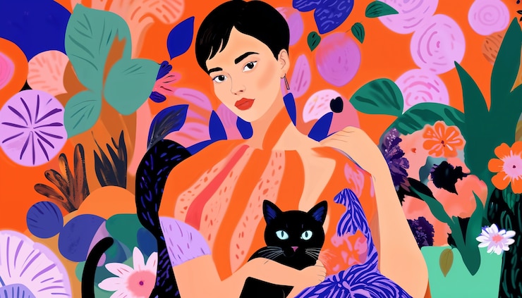Foto gratuito mujer con papel tapiz de gato