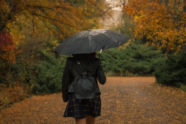 Mujer con un paraguas caminando en el parque en un lluvioso día de otoño