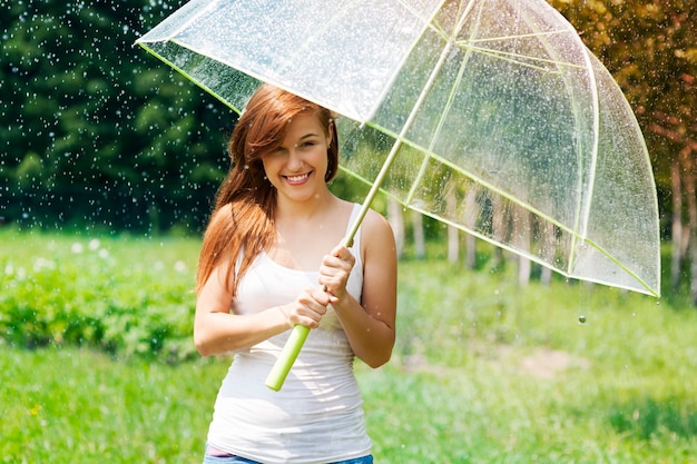 Mujer con paraguas bajo la lluvia