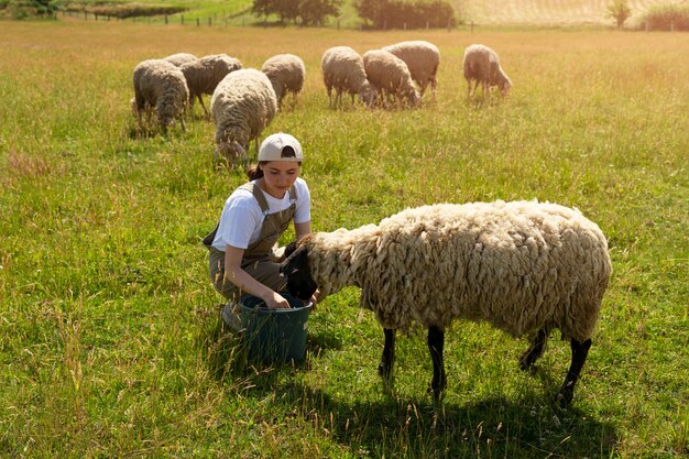 Mujer pastora de tiro completo alimentando ovejas