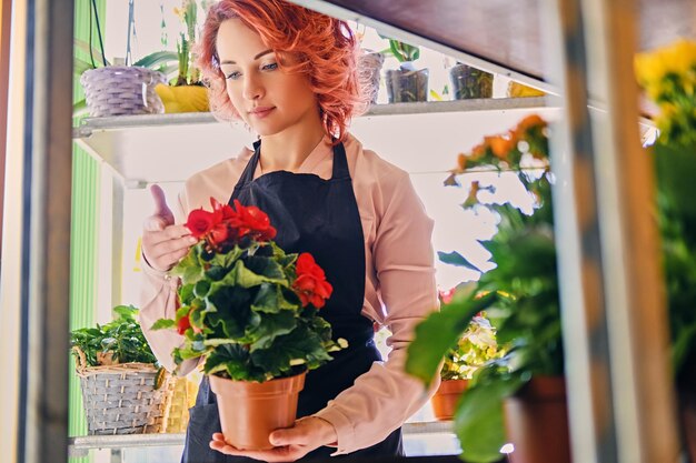 Mujer pelirroja sostiene flor en una vaina en una tienda de mercado.