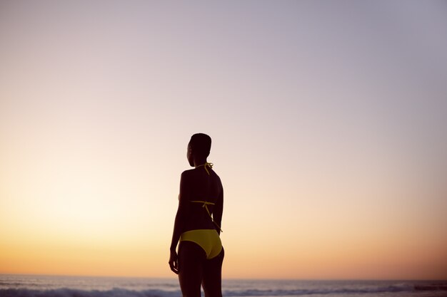 Mujer pensativa en bikini de pie en la playa