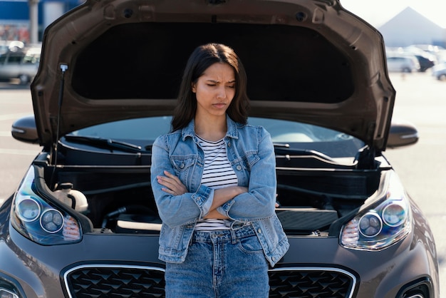 Mujer de pie junto a su coche roto