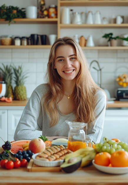 Mujer de plano medio con comida sana.