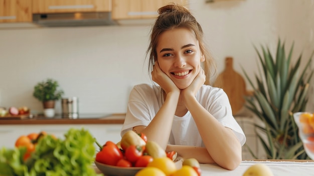 Mujer de plano medio con comida sana.