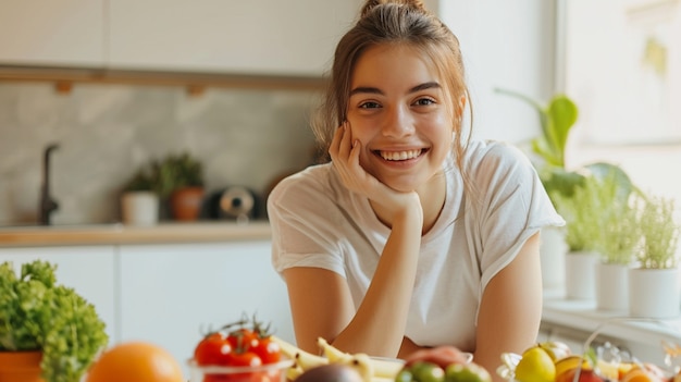 Mujer de plano medio con comida sana.