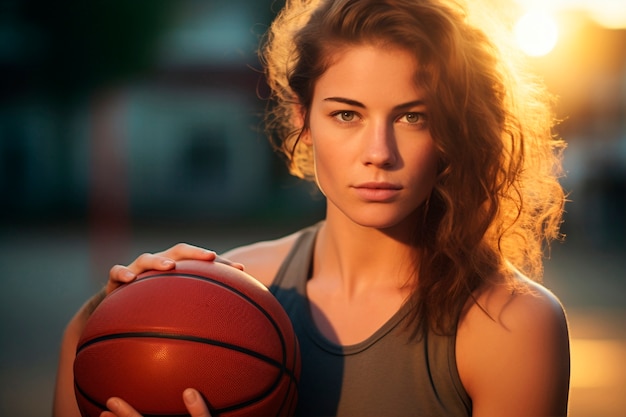 Foto gratuita mujer de plano medio jugando baloncesto