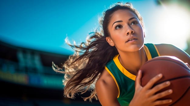 Mujer de plano medio jugando baloncesto