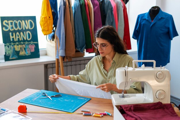 Mujer de plano medio reparando ropa