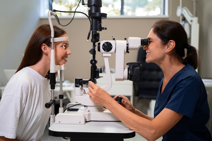 Foto gratuito mujer de plano medio revisando sus ojos