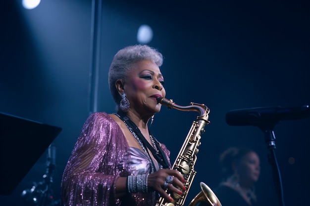 Foto gratuita mujer de plano medio tocando el saxofón.