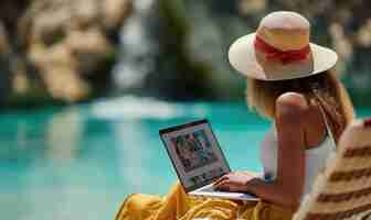 Foto gratuita mujer de plano medio trabajando junto a la piscina.