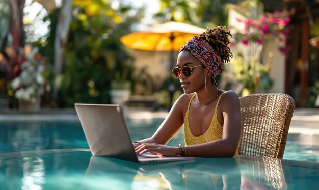 Mujer de plano medio trabajando junto a la piscina.